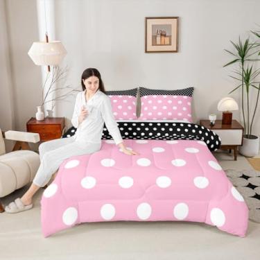 Imagem de Conjunto de edredom infantil rosa e preto, tamanho casal, de bolinhas, para todas as estações, conjunto de edredom com tema de desenho animado feminino, geométrico, círculo geométrico, 2 fronhas