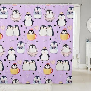 Imagem de Linda cortina de chuveiro pinguim, desenho kawaii, animal antártico, cortina de banheiro, estrelas pontos musicais, roxo à prova d'água, cortina de banho com ganchos, lavável na máquina, 182 cm L x