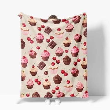 Imagem de Cobertor de cupcakes decoração quente cereja cobertor de flanela macio cupcakes presentes para crianças meninos meninas homens mulheres 101,6 cm x 127 cm