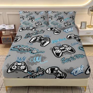 Imagem de AILONEN Jogo de lençol solteiro, com controle de jogos, para crianças, meninos, adolescentes, videogames, 3 peças, para decoração de quarto, 1 lençol com elástico e 2 fronhas, macio