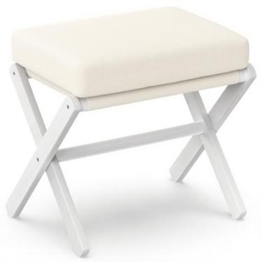 Imagem de BAMBOOHOMIE Banqueta dobrável para os pés, descanso de pé moderno com pernas de bambu X e almofada de espuma grossa, bancos dobráveis pequenos acolchoados para quarto, sala de estar, apoio para pés