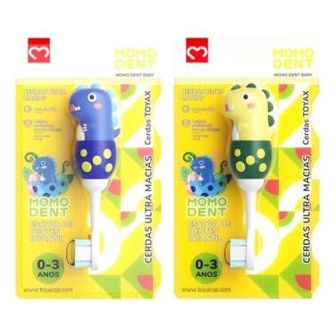 Imagem de MOMODENT Escova de Dentes Infantil para 0-3 Anos Bebe, Dinossauro, Cabo de Silicone Macio, Cabeça Macia, Limpeza Suave (Azul+Amarelo(2 unidades))