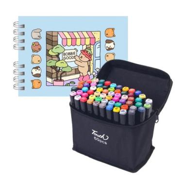 Imagem de Kit Livro de Colorir Canetinhas Ponta Dupla Marcador 60 Peças Caderno 
