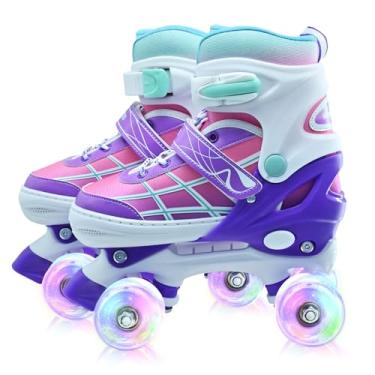 Imagem de Patins para crianças, patins quadriciclos ajustáveis para meninos e meninas de 12 a 14 anos com rodas iluminadas, patins para iniciantes gradiente roxo tamanho 5 6 7 8 para ambientes internos e