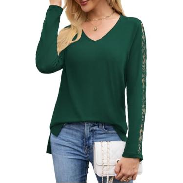 Imagem de Blusas femininas de manga comprida gola V renda camisas elegantes casuais fenda lateral ajuste solto malha macia confortável 2025 outono verde P