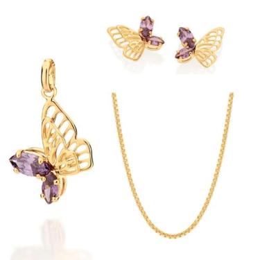 Imagem de Conjunto De Brincos Pingente E Cordão Rommanel Banhados A Ouro 18k - F