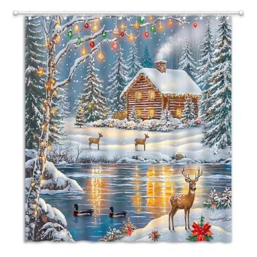 Imagem de JEJOMEAG Cortina de chuveiro de veado de cabana de inverno Feliz Natal rústica chalé acampamento campo floresta neve tecido decoração de banheiro cortina com ganchos, 70Lx70H