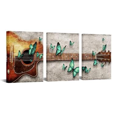 Imagem de sechars Decoração de parede de guitarra arte musical vintage azul-petróleo pintura borboleta impressão em tela para decoração de banheiro quarto