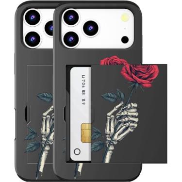 Imagem de MUQR Capa para celular 17 Pro Max compatível com suporte de cartão fofo - Design Kawaii, proteção contra quedas de nível militar, capa tipo carteira robusta para mulheres (esqueleto preto caveira rosa