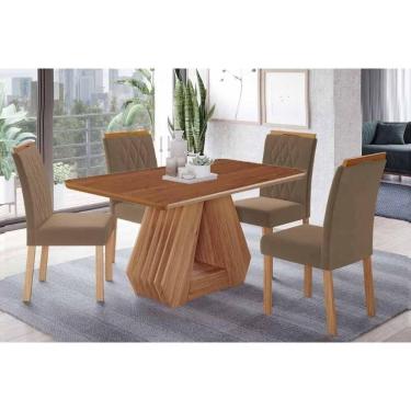 Imagem de Conjunto: Mesa de Cozinha Ágata Tampo Madeirado 130x80cm e 4 Cadeiras Juliana Cinamomo - Carvalho/Suede Joli Capuccino - Cimol