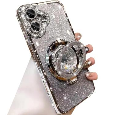 Imagem de Changjia Capa com suporte de glitter para iPhone 16, luxuosa, brilhante, diamante, strass, com protetor de lente de câmera, anel de fluxo líquido, suporte de TPU (poliuretano termoplástico), capa fina