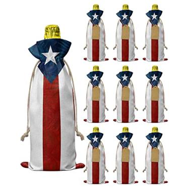 Imagem de 10 peças de sacos de vinho de serapilheira bandeira de Porto Rico etiquetas de presente estrela folha de palmeira listras vermelhas e azul patriota sacos de presente reutilizáveis com cordões capas de