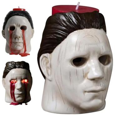 Imagem de Ksheria Castiçal Michael Myers, vela de Halloween, estátua de filme de terror com olhos sangrando, enfeite de decoração assustador e assustador para festa em casa e sala de estar