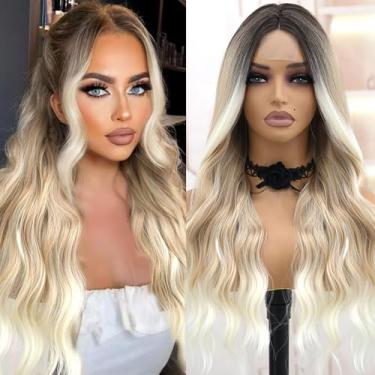 Imagem de KINCYDU Peruca longa loira clara ondulada de aparência natural peruca de fibra sintética resistente ao calor loiro claro gradiente peruca encaracolada para uso diário em festas para mulheres 66 cm