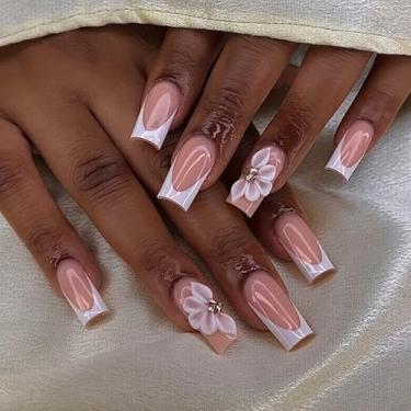 Imagem de Unhas postiças longas feitas à mão, unhas postiças quadradas, grossas com cola, arte de flor branca 3D, unhas postiças com desenhos de strass, unhas francesas rosa nude, reutilizáveis, natureza, cola