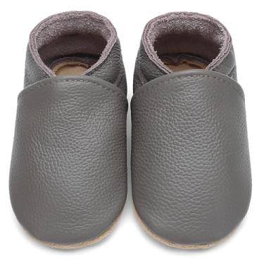 Imagem de Aijoviko Botas de couro genuíno para bebês, sola macia, sapatos de caminhada flexíveis e respiráveis para primeiros andadores, meninos e meninas, ardósia, 18-24 Months Toddler