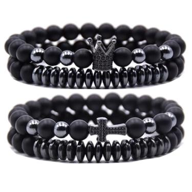 Imagem de HYHONEY Pulseira de contas micro pavê de zircão coroa rei 8 mm para homens e mulheres pulseira de casal preto natural fosco ônix contas de hematita elástico ajustável, One Size, Pedra, Zircônia