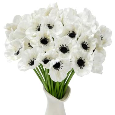 Imagem de Flor branca artificial, 48 peças de flores pretas e brancas, flor de anêmona de seda de 28 cm, hastes de poliuretano de toque real de flores falsas em branco com centro preto para centro de mesa do