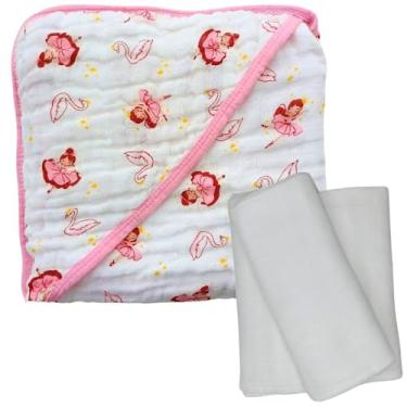 Imagem de Kit Toalha de Banho Bebê Soft com Capuz + 3 Fraldas de Ombro Brancas com Bainha 100% Algodão (Bailarina)