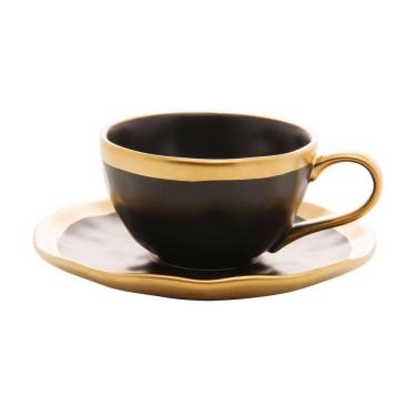 Imagem de Xícara P/Café C/Pires de Porcelana Preto Fosco/Dourado Dubai 90ml Wolff