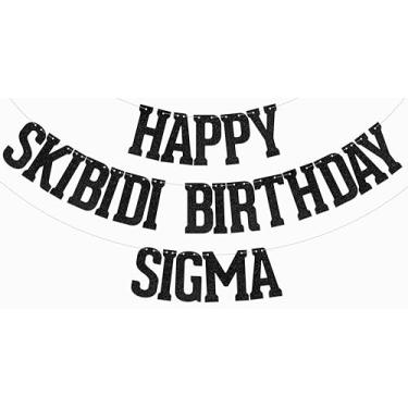 Imagem de Happy Skibidi Birthday Sigma Banner Funny Zoomer Decoração de Aniversário Gen Z Gíria Skibidi Decoração de Banheiro Preto Glitter