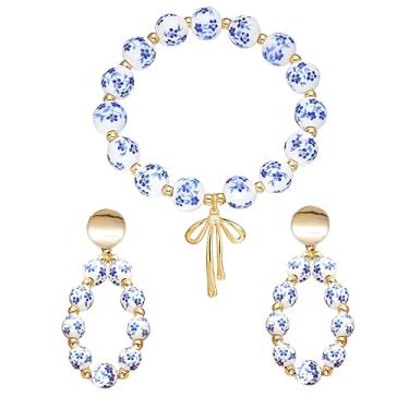 Imagem de WCRAZYE Conjunto de colar e brincos de laço de cerâmica dourada para mulheres flor vintage azul e branco porcelana esmalte fita brinco joia romântica, Medium, Liga de aço, Sem Pedra Preciosa