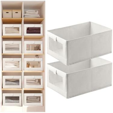 Imagem de Organizadores de armário de linho e armazenamento, 2 caixas de armazenamento de roupas de linho com janela de malha, organizador de armário dobrável para roupas, toalhas, brinquedos, berçário, livros