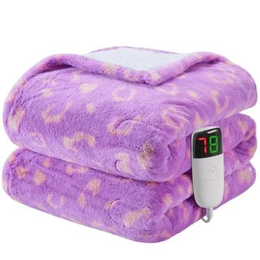 Imagem de Cobertor elétrico aquecido com estampa de leopardo, cobertor de aquecimento roxo 127 cm x 152 cm com 10 níveis de aquecimento e 8 horas de desligamento automático, cobertores fofos de lã de ovelha