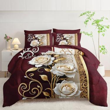 Imagem de lneffble Jogo de cama king size floral vermelho e branco (1 edredom, 1 lençol de cima, 1 lençol com elástico, 2 fronhas e 2 fronhas), decoração de quarto de rosa branca
