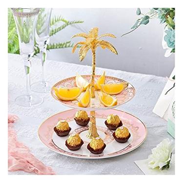 Imagem de Suporte de bolo de cerâmica de 2 camadas para buffet configurado bandejas de servir pratos de frutas para festas (cor: azul) (rosa)