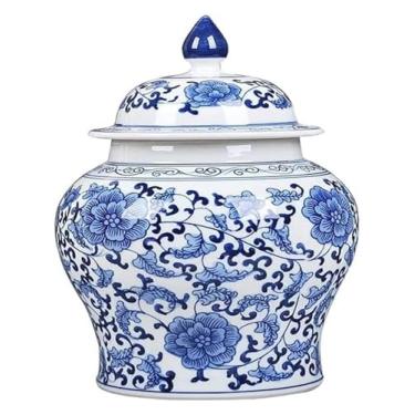 Imagem de AKALNNB Vaso de porcelana azul e branco clássico templo pote de gengibre vaso decoração de casa vasos de cerâmica chinês azul e branco pote de gengibre centro de mesa vaso decorativo