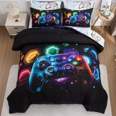 Imagem de Aimuan Jogo de cama com console de videogame para meninos e meninas, universo espacial, geométrico, leve, microfibra (preto-multi, solteiro)