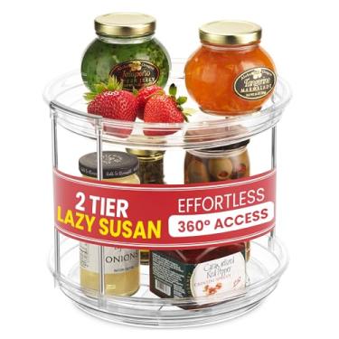 Imagem de Organizador Susan preguiçoso transparente de dois níveis - suporte giratório para temperos para armário de cozinha, bancada, banheiro ou mesa de jantar. Racks de carrossel giratório para armazenamento