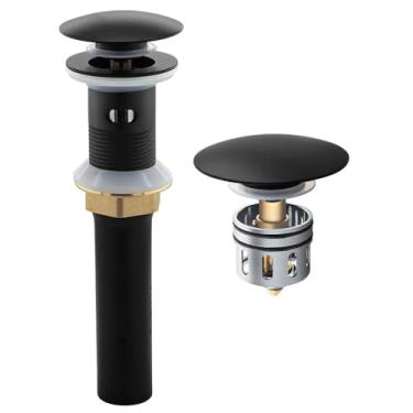 Imagem de Tampa de drenagem Yodel preta fosca para pia de banheiro pop-up com transbordamento para pia de lavatório de embarcação, coador antientupimento embutido, cesta, apanhador de cabelo