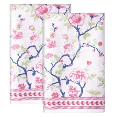 Imagem de HunnmingRe Conjunto de 2 toalhas de cozinha florais chinoiserie vintage com 2 panos de prato florais rosa verde microfibra estética secagem à mão chá para banheiro, cozinha, fazenda, cozinha, limpeza