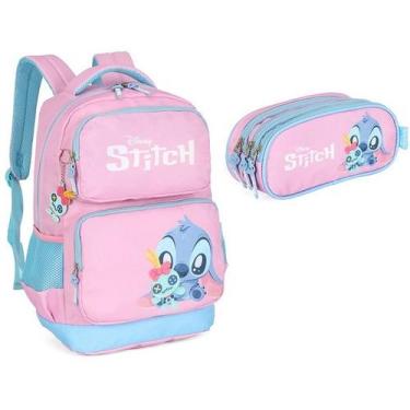Imagem de Kit Mochila Escolar de Costas e Estojo Triplo STITCH Disney Rosa Luxce