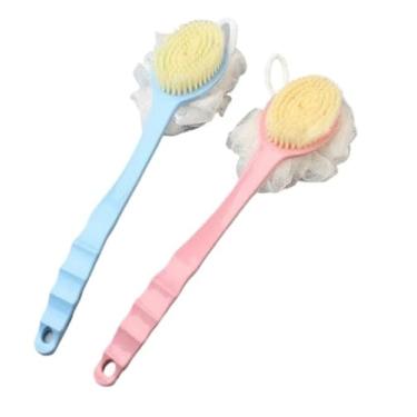 Imagem de Escova 2 em 1 Esfoliante de Costas para Banho Com Esponja e Alça Estendida(1 menina+1 menino,escova 2em1)
