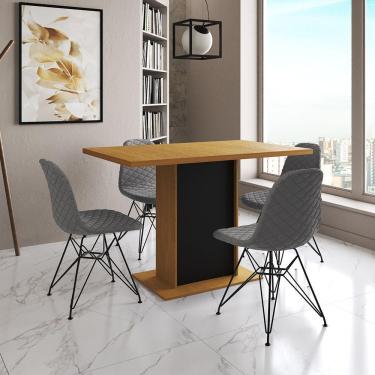 Imagem de Mesa Jantar Londres Tampo Canela 120Cm Base Preta 4 Cadeiras Ferro Preto Estofado Grafite