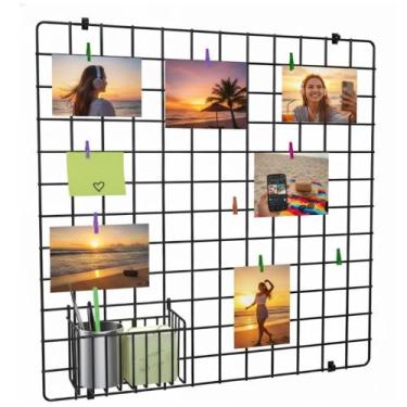 Imagem de Memory Board Painel Fotos Tela Aramada 60x60 com Cesto 17cm Prendedore