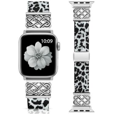 Imagem de Minyee Pulseira magnética elástica compatível com Apple Watch séries 11 10 9 8 7 6 5 4 SE/Ultra 3 2 1, leopardo preto/prata