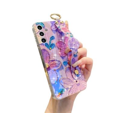 Imagem de YOUWUMA Capa protetora à prova de choque para Samsung Galaxy A15 5G com alça de pulso fofa com glitter com desenho animado (flor roxa)