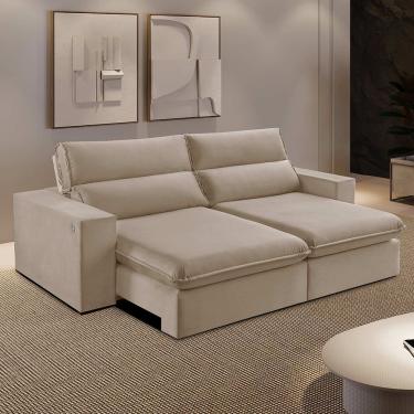 Imagem de Sofá Retrátil E Reclinável Bee 2,90 M Veludo Cor Bege 2137 Usb Com Kit Usb