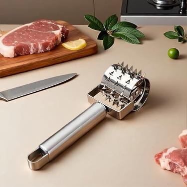 Imagem de Amaciador de carne - martelo de rolo de rolo de amaciador de carne de aço inoxidável, rolo de pizza, agulha de carne, furador para bife, frango, carne de porco (prata) 1 peça
