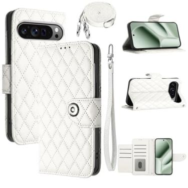 Imagem de Dswteny Capa carteira para Google Pixel 9 Pro XL/10 Pro XL com alça de ombro, padrão Argyle PU couro flip porta-cartões capa para celular Pixel9 9Pro Nine Pixel10 10Pro LX meninas mulheres branca