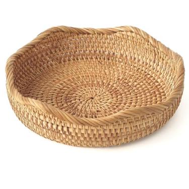 Imagem de HITOMEN Cestas de pão de vime feitas à mão, tigelas redondas de vime para servir frutas, organizador de balcão decorativo de tecido natural (marrom mel) P-22 cm