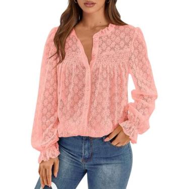 Imagem de Blusa PRETTYGARDEN com ilhó de renda de manga comprida para mulheres r