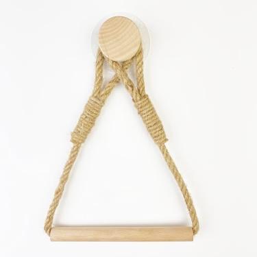 Imagem de Suporte de papel higiênico enrolado à mão de corda e madeira maciça, organizador de banheiro autoadesivo sem perfuração com padrão floral, economia de espaço, estética rústica, textura natural