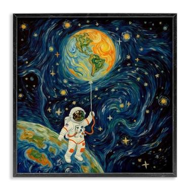 Imagem de Stupell Industries Arte giclée emoldurada branca astronauta com balão de terra, design de Angie Hawke, 12 x 12