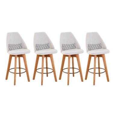 Imagem de Kit 04 Banquetas Alta Maya Giratória Com Encosto Gourmet Linho Bege e Almofada Zigzag - Aurora Line