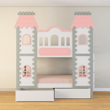 Imagem de Beliche Castelo Encantado 02 Gavetas - Madeira Maciça Branco/cinza/rosa | Housin